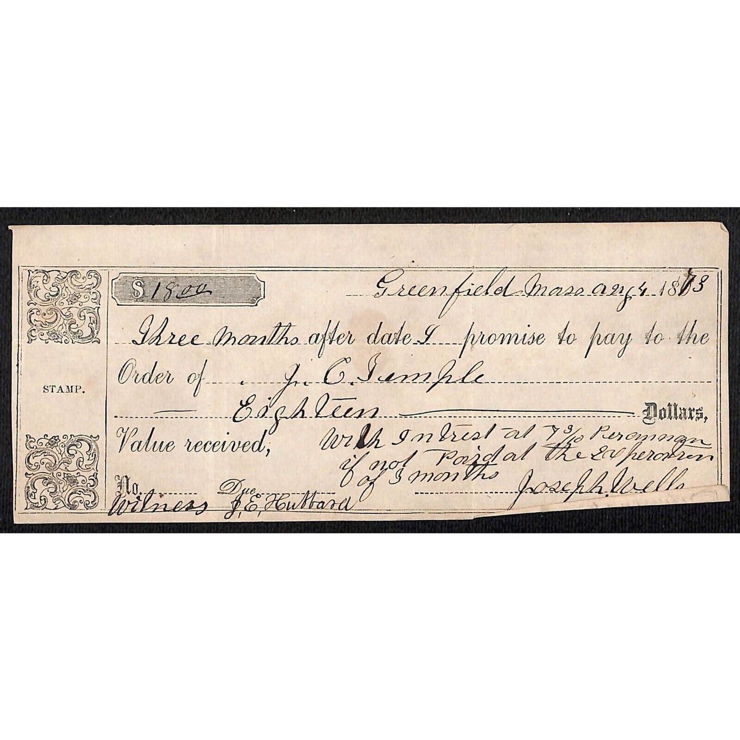1873 Greenfield, MA $18 Promissory Note J.C. Temple ?