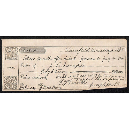 1873 Greenfield, MA $18 Promissory Note J.C. Temple ?