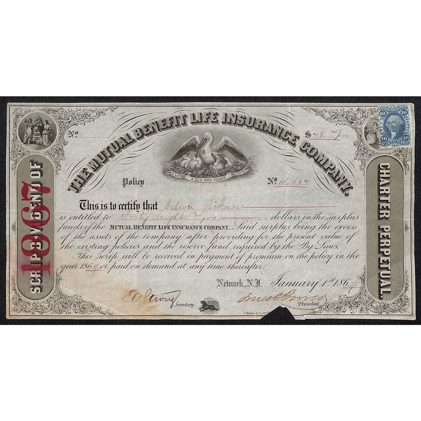 Mutual Benefit Life Insurance Co. 1867 Dividend Certificate to Edwin Licknor ?