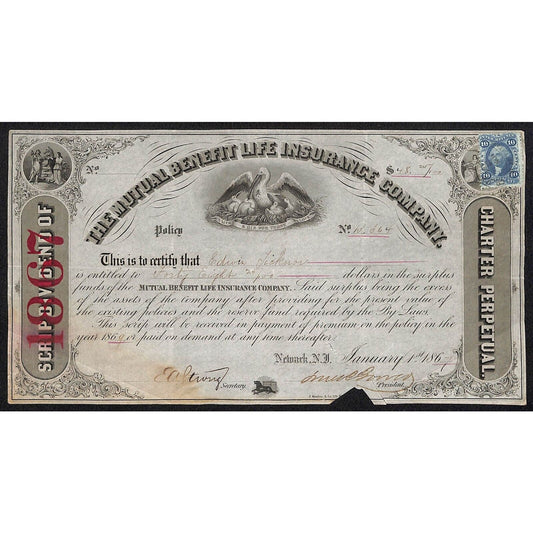 Mutual Benefit Life Insurance Co. 1867 Dividend Certificate to Edwin Licknor ?