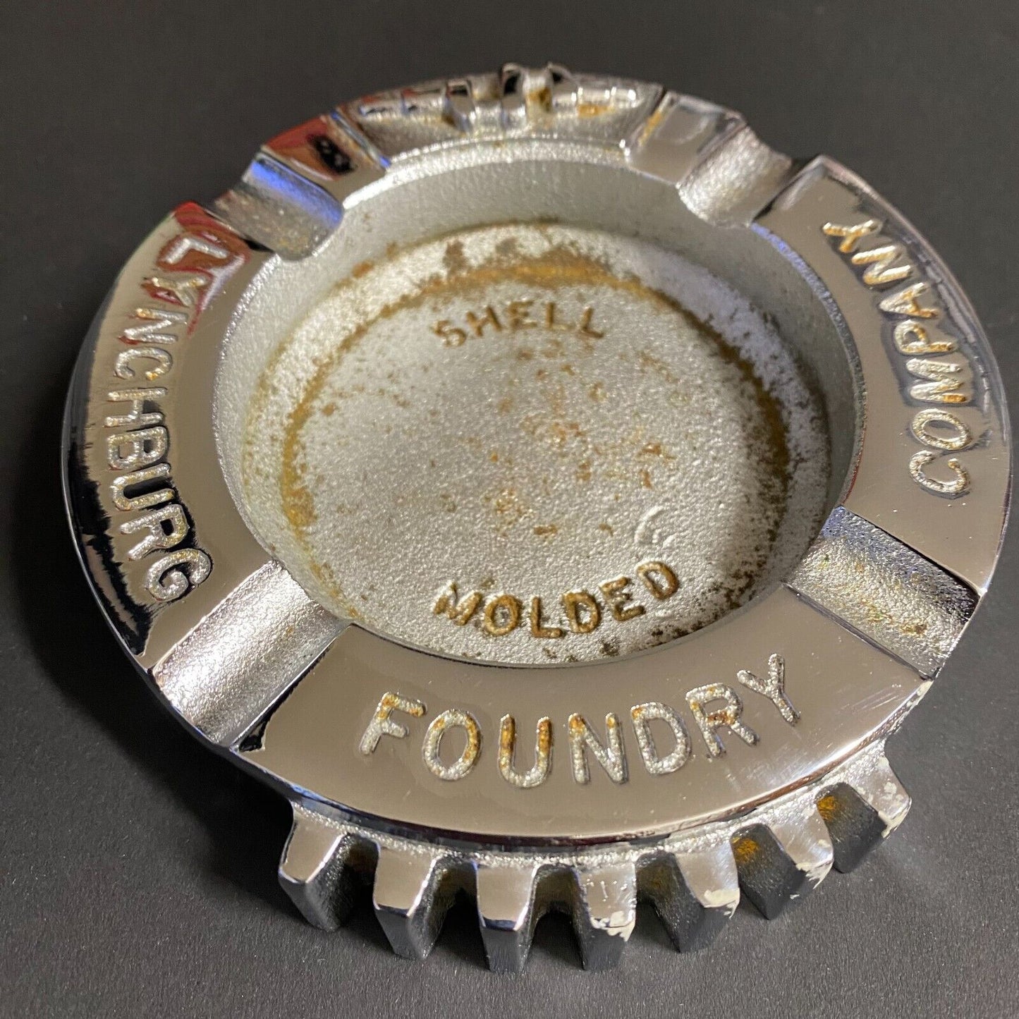 Lynchburg Foundry Company Chromed Cast Iron Ashtray w/ Crankshaft Gear Teeth