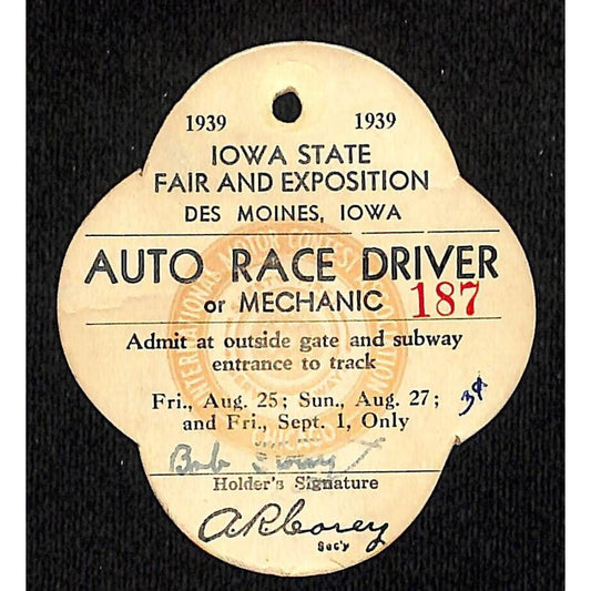 1939 Iowa State Fair Auto Race Driver or Mechanic Ticket / Pass #187 Scarce
