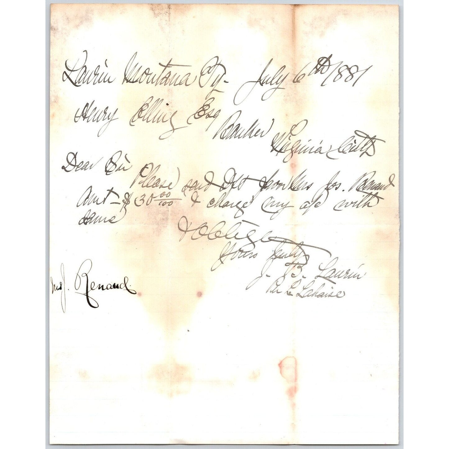 July 6 1881 ALS J.B. Laurin** Laurin, MT to Henry Elling* Virginia City, MT