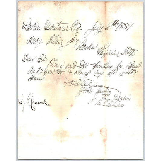 July 6 1881 ALS J.B. Laurin** Laurin, MT to Henry Elling* Virginia City, MT