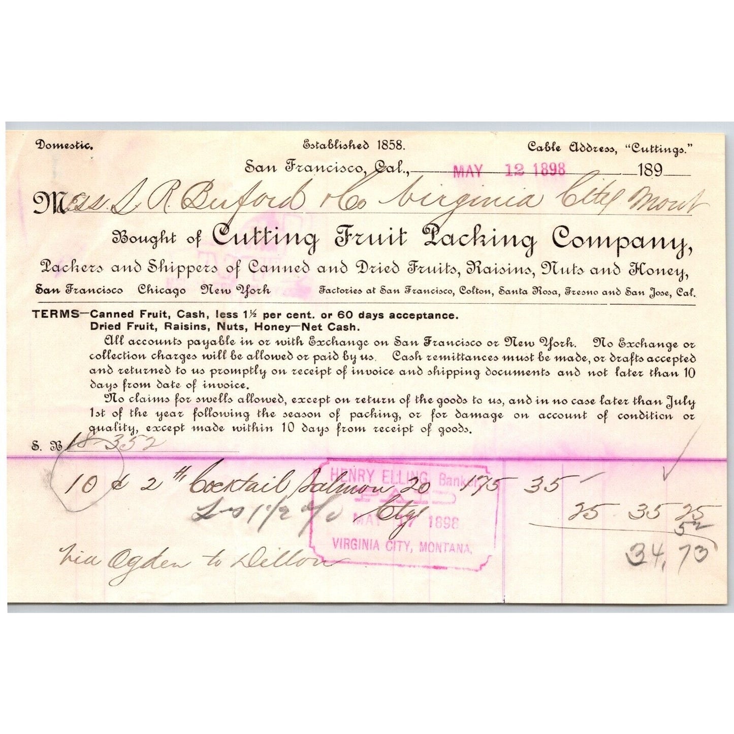 Cutting Fruit Packing Co. San Francisco 1898 Billhead VGC Buford*