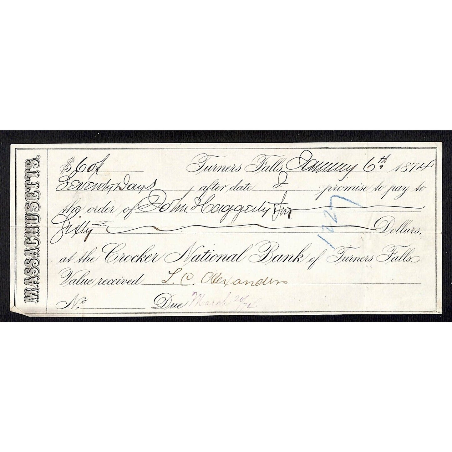 1876 Powers Paper Company Springfield / Agawam NB MASS $65.74 Bank Check