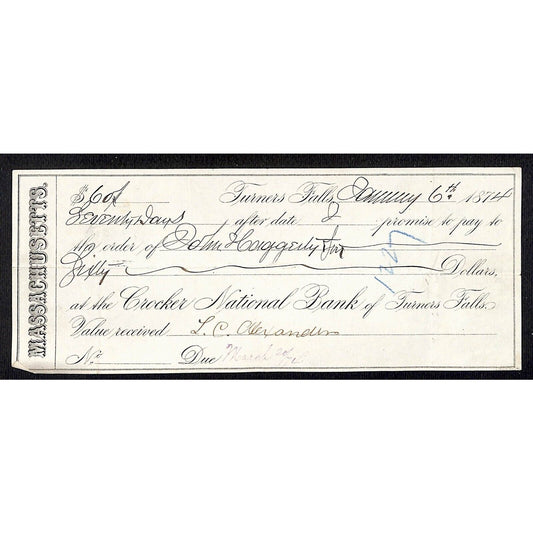 1876 Powers Paper Company Springfield / Agawam NB MASS $65.74 Bank Check