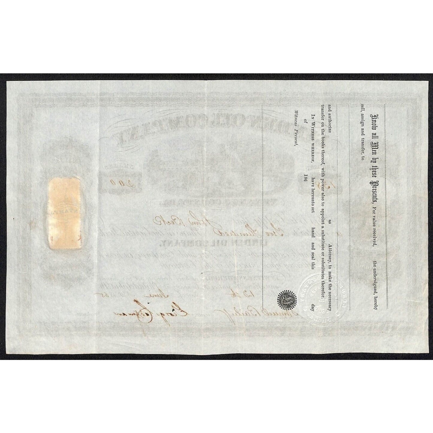 Linden Oil Company Pennsylvania 1865 Stock Certificate Rev Stamp Scarce