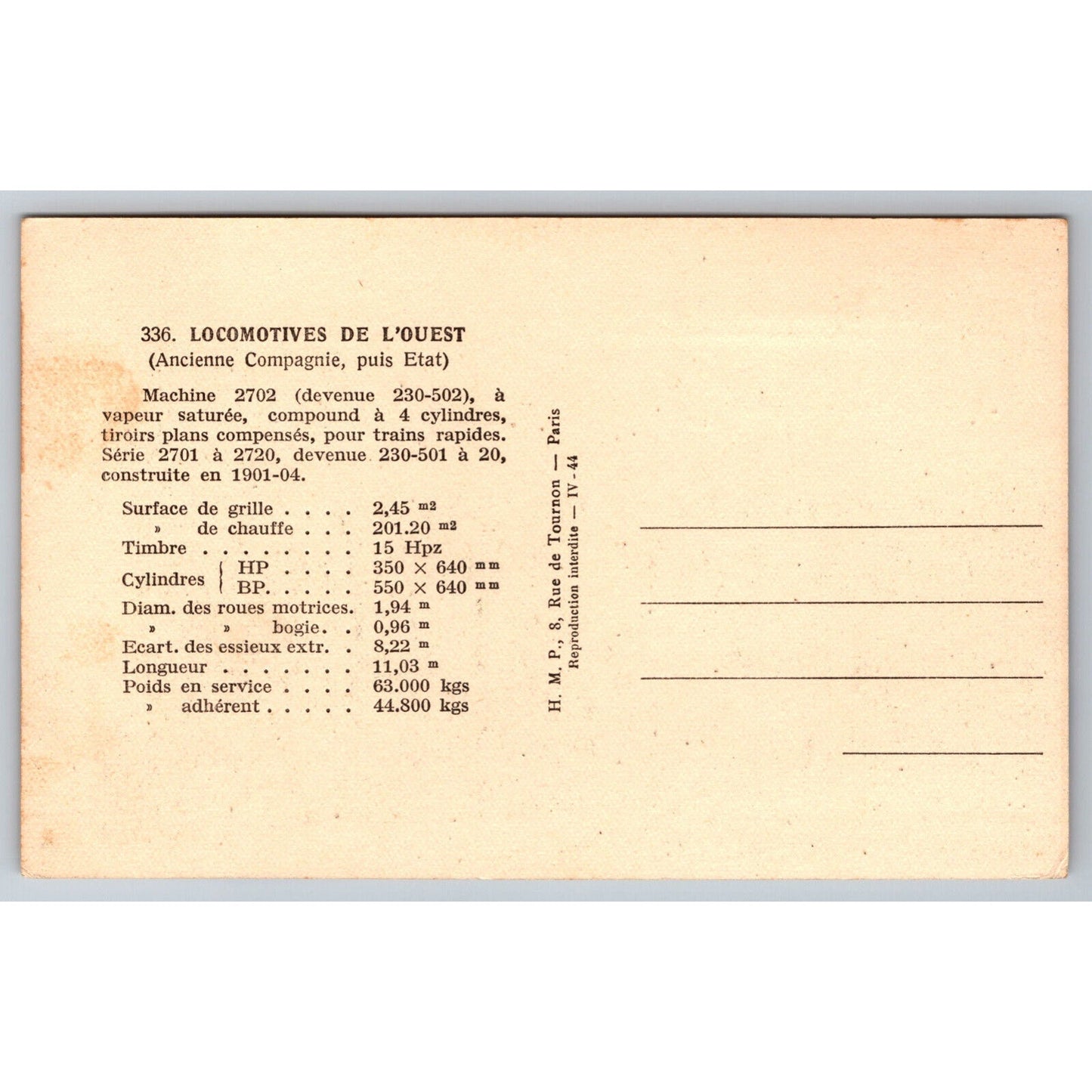 French Railroad RPPC* Postcard Machine 2702 Series 2701-2720 c1900 H.M.P.