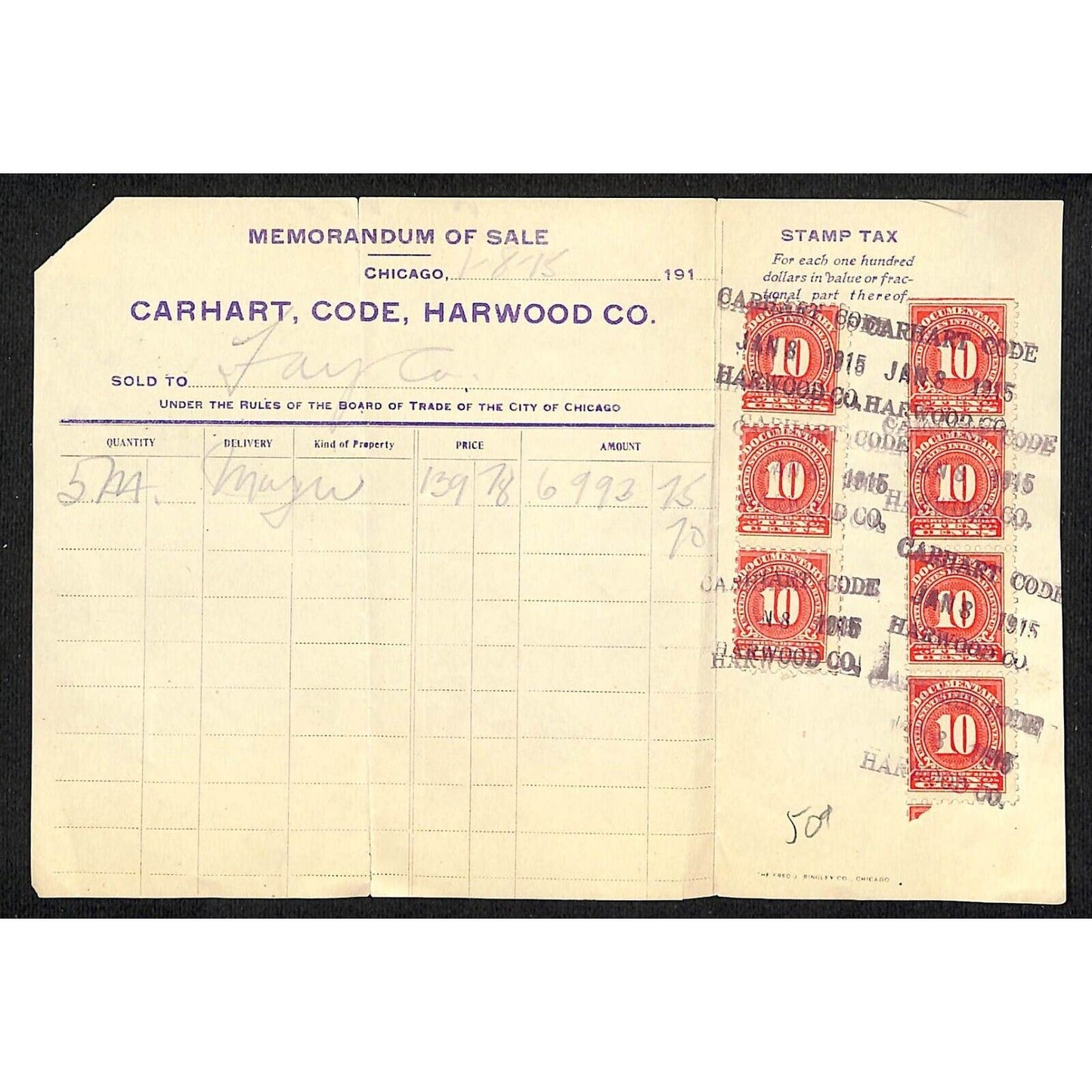 Chicago, IL Carhart, Code, Harwood & Co (Grain Brokers) 1915 Billhead Tax Stamps