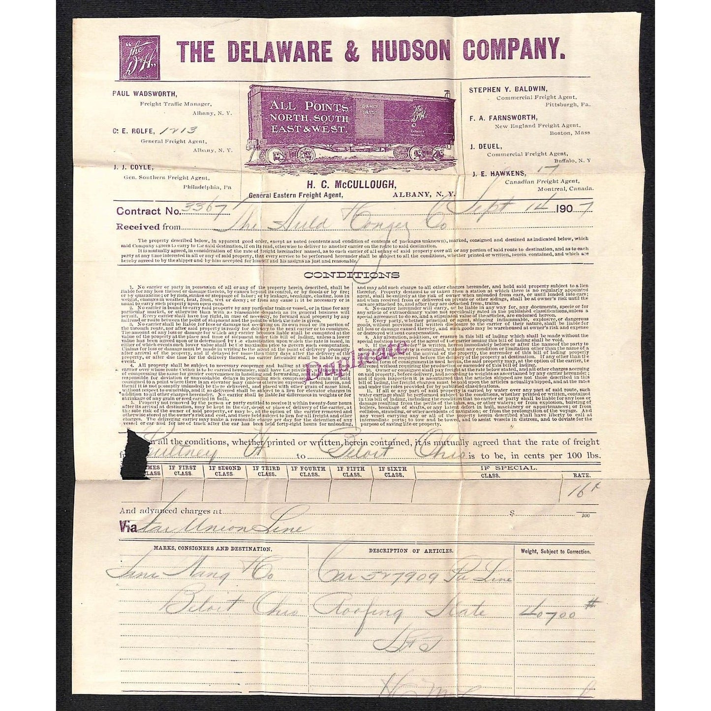 Delaware & Hudson Railway D&H Samuel Wang Co* North Georgetown 1907 Freight