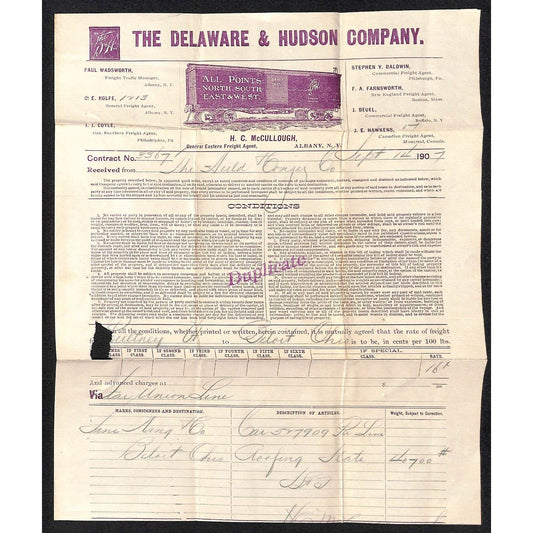 Delaware & Hudson Railway D&H Samuel Wang Co* North Georgetown 1907 Freight