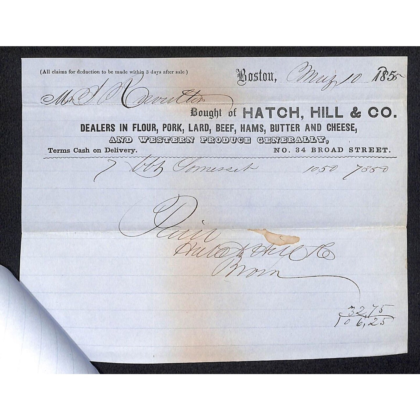 1855 Jabez Knowlton* Hatch, Hill Co. Boston "Western Produce" Pair of Billheads