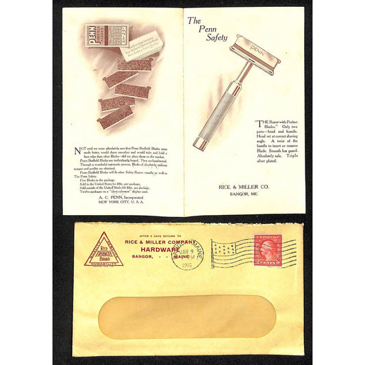 Bangor ME Rice & Miller Hardware 1916 Penn Safety Razor Set Sheet & Cover