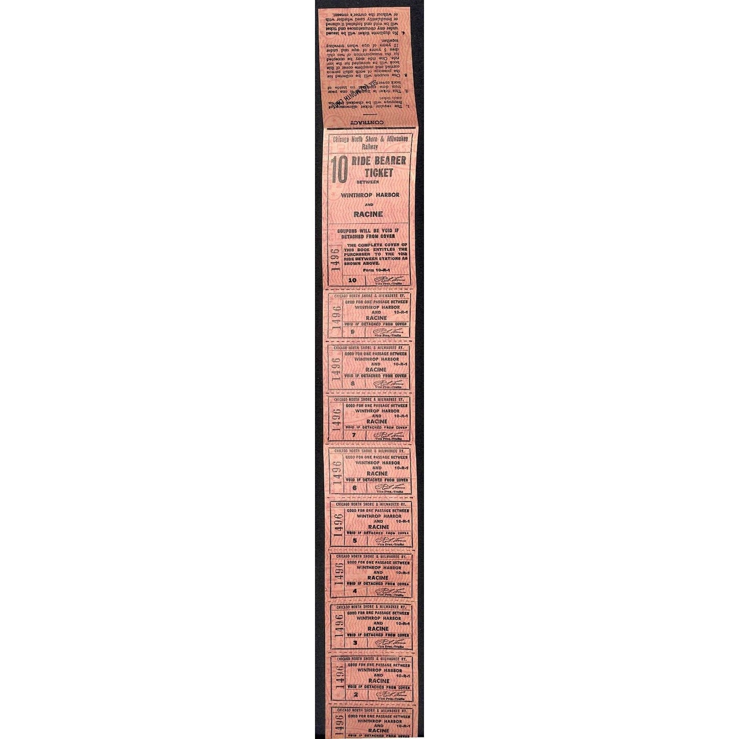 Chicago North 10 Ride Ticket Strip Complete Winthrop Harbor - Racine 21" #1496