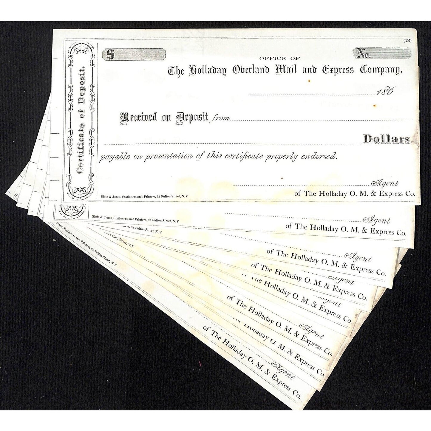 Group of 8 Holladay Overland Mail and Express Co. 1860's Certificates of Deposit