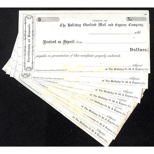 Group of 8 Holladay Overland Mail and Express Co. 1860's Certificates of Deposit
