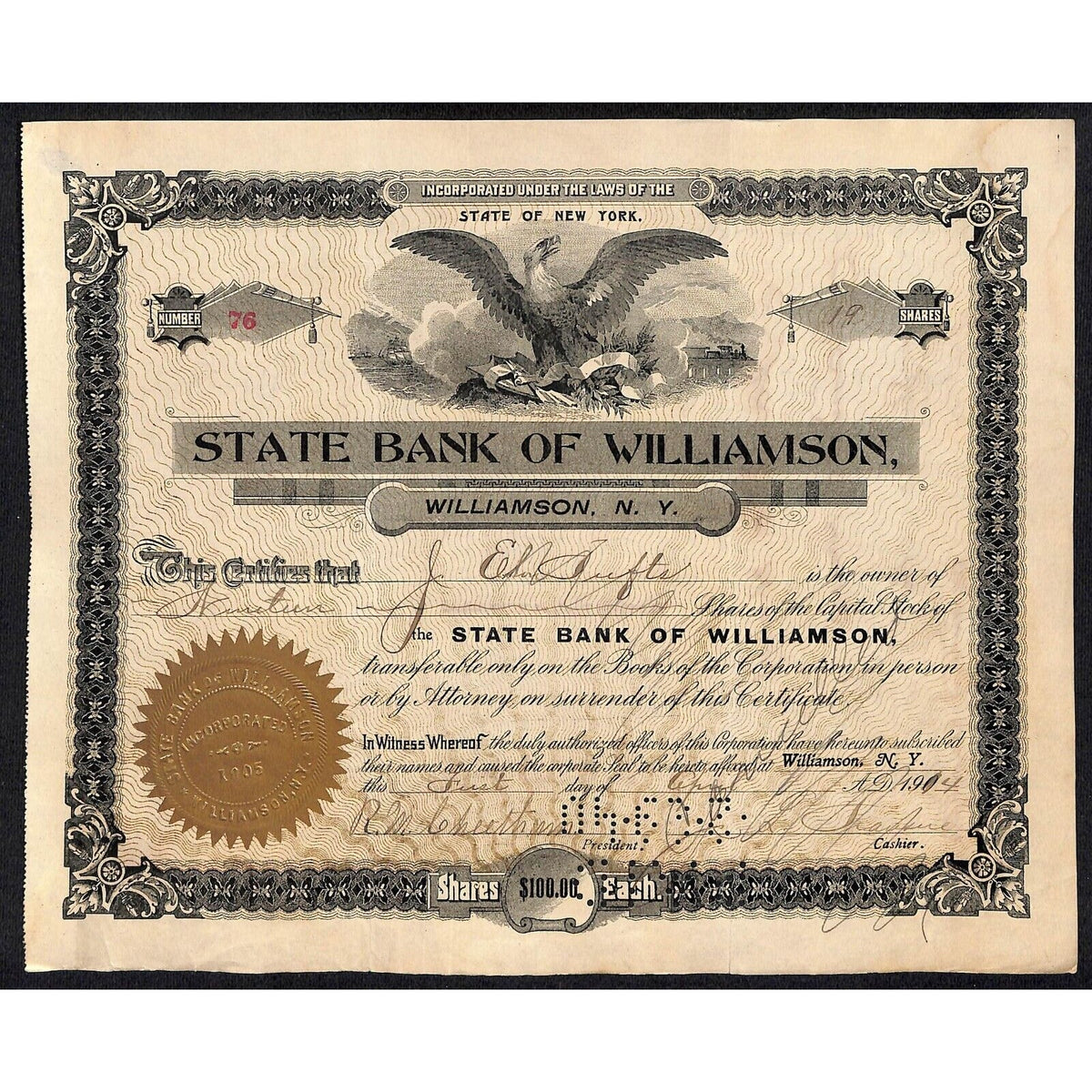 State Bank of Williamson NY 1914 Stock Certificate J. Edwin Tufts ??? Scarce