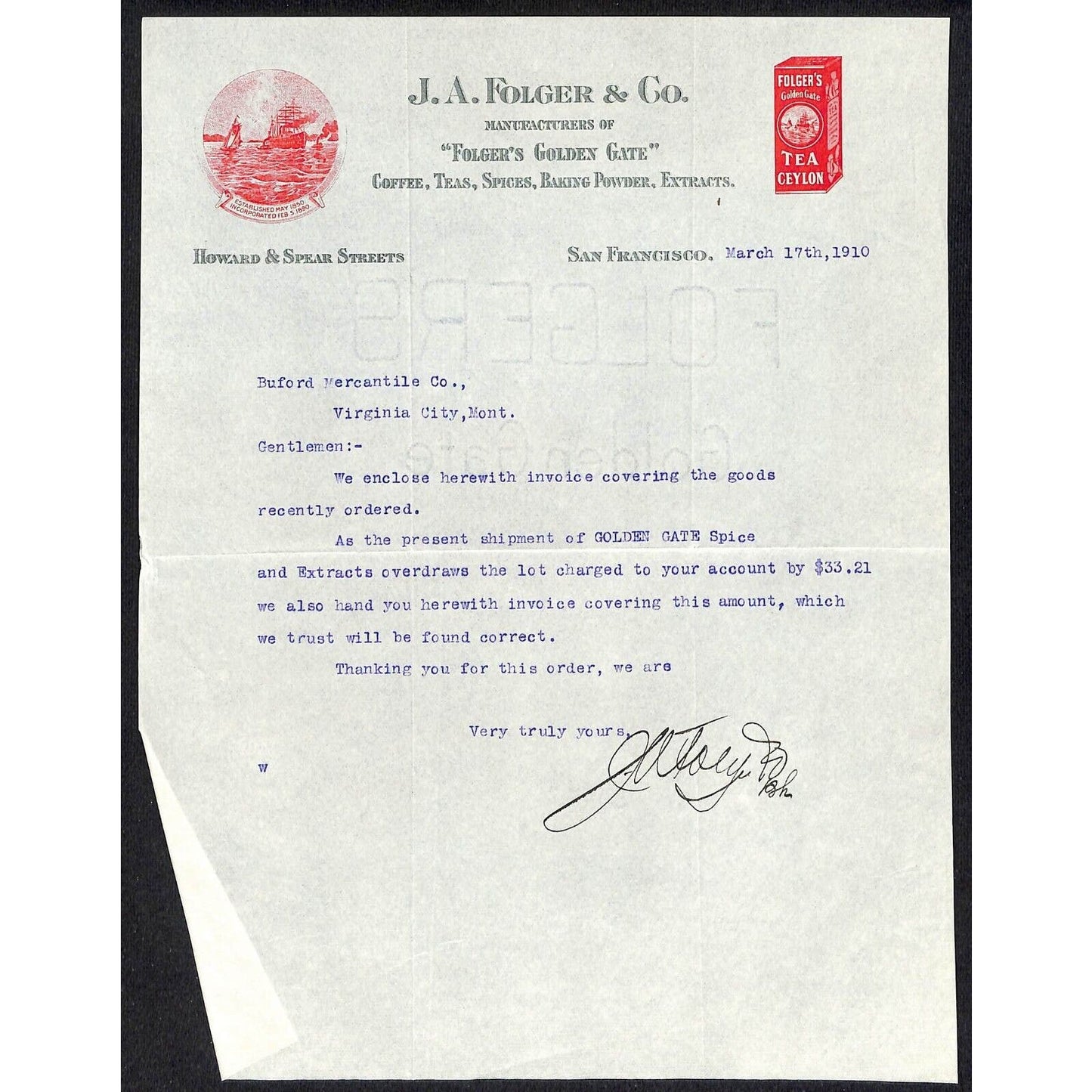 J. A. Folger Coffee 1910 Letterhead to Buford* re: Golden Gate Spice Order