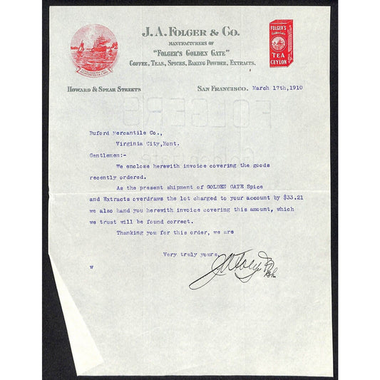 J. A. Folger Coffee 1910 Letterhead to Buford* re: Golden Gate Spice Order