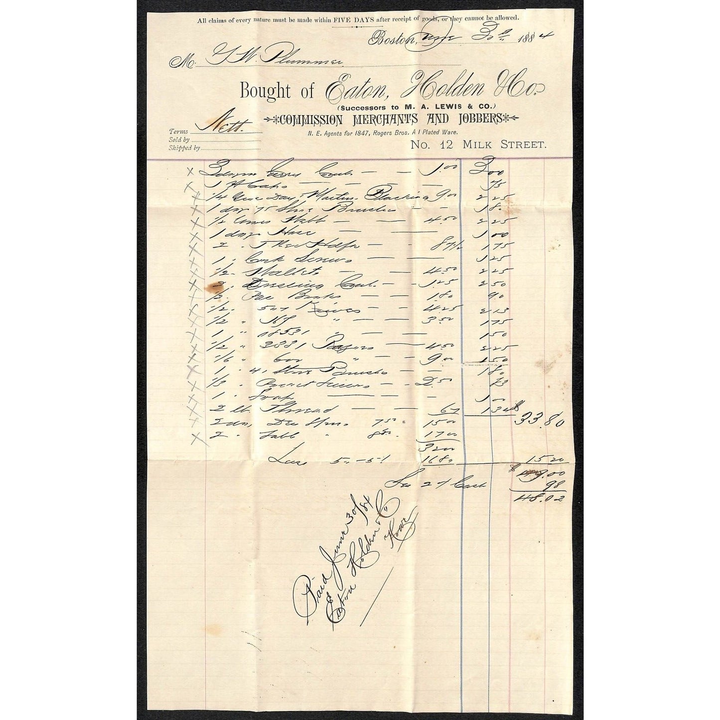 Eaton, Holden & Co. Milk St. Boston Merchants & Jobbers 1884 Long Billhead VGC