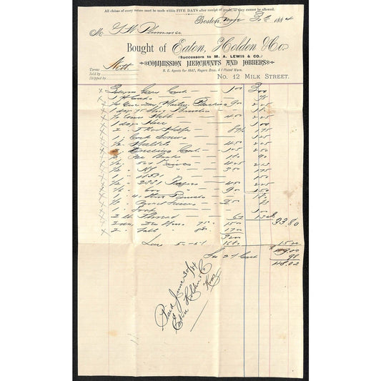 Eaton, Holden & Co. Milk St. Boston Merchants & Jobbers 1884 Long Billhead VGC