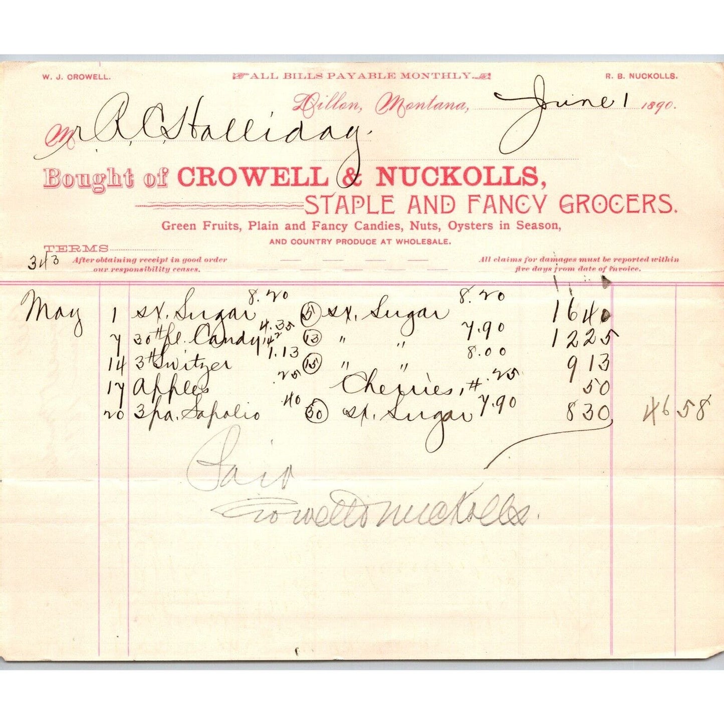 Dillon MT Crowell & Nuckolls June 1890 Billhead Fancy Groceries R.C. Halliday*