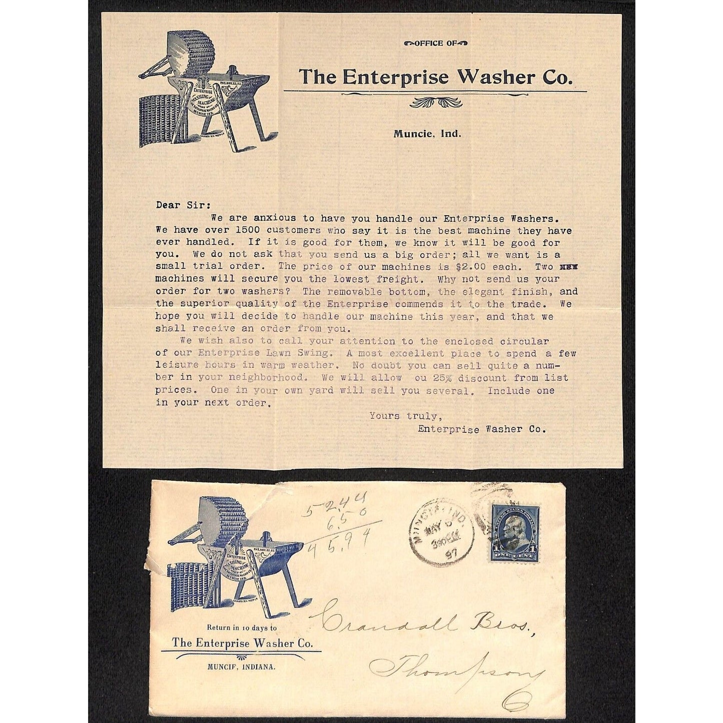 Enterprise Washer Co. Muncie, IN 1897 Billhead w/ Matching Cover - Scarce