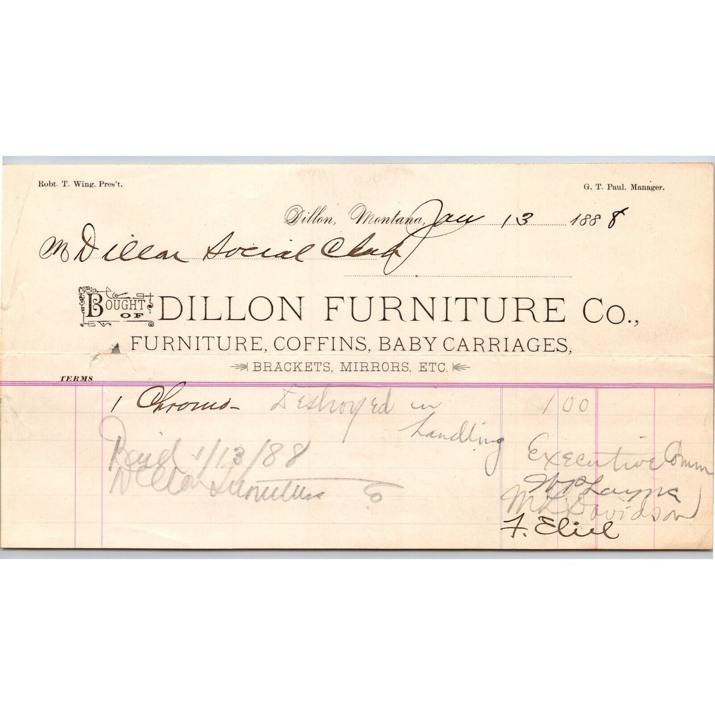 Dillon MT Dillon Furniture Co. / Social Club 1888 Coffins Billhead