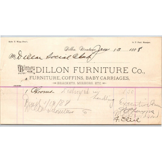 Dillon MT Dillon Furniture Co. / Social Club 1888 Coffins Billhead