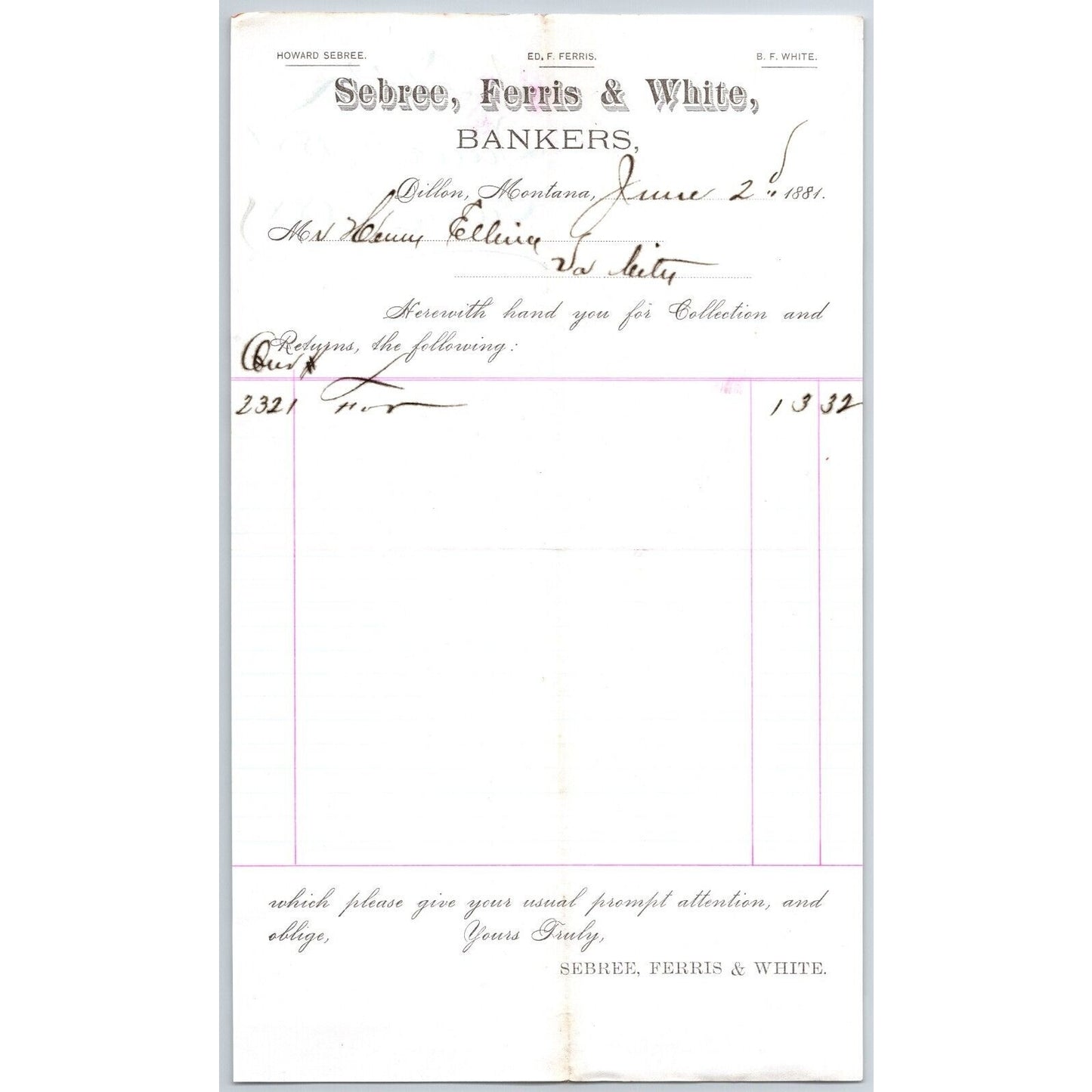 Sebree, Ferris & White Bankers Dillon, MT 6/2 1881 Statement Henry Elling*