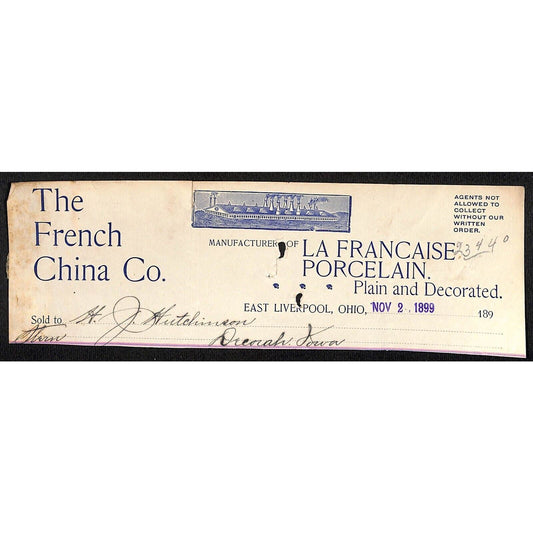 French China Co. East Liverpool, OH HJ Hutchinson Decorah, IA* Cut 1899 Billhead