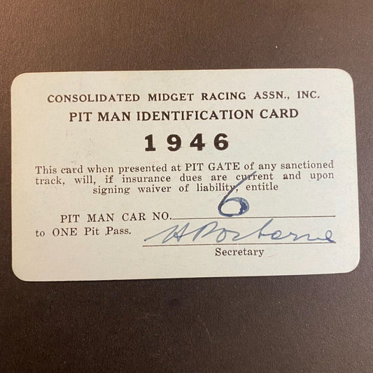 1946 Consolidated Midget Racing Assn Pit Man ID Card (C.H. Meyer* ?) VGC Scarce