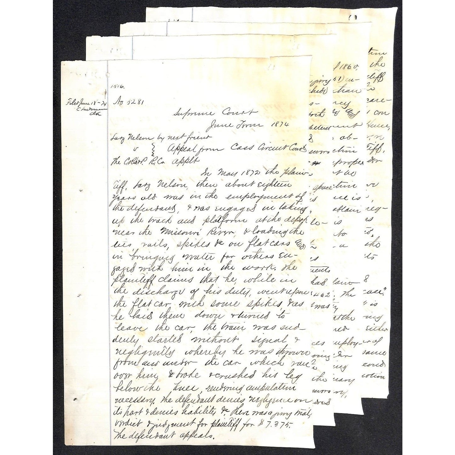 1874 4pp ALS Legal Document vs CRI&P RR Appeal of $7375 Judgement for Plaintiff
