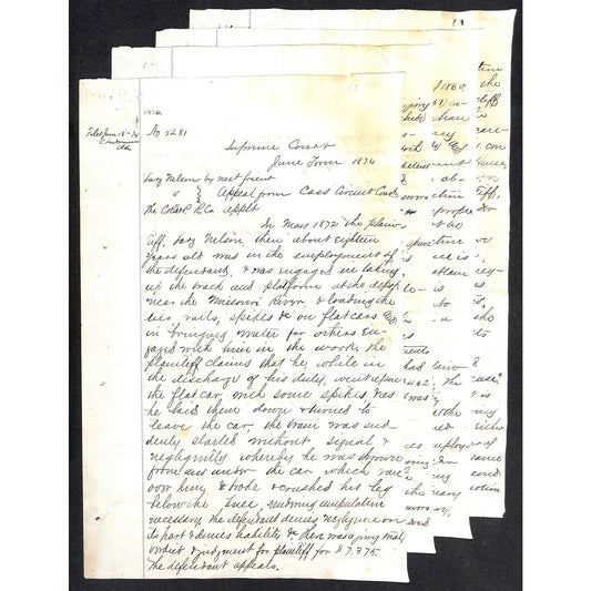 1874 4pp ALS Legal Document vs CRI&P RR Appeal of $7375 Judgement for Plaintiff
