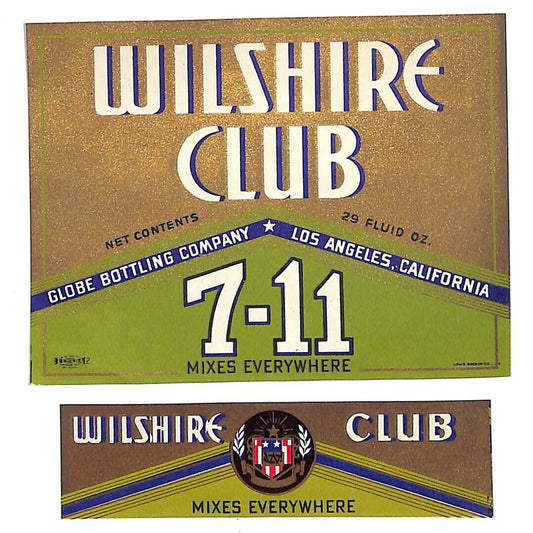 Wilshire Club 7-11 Mixer Globe Bottling LA, CA Bottle Label Set c1935-45