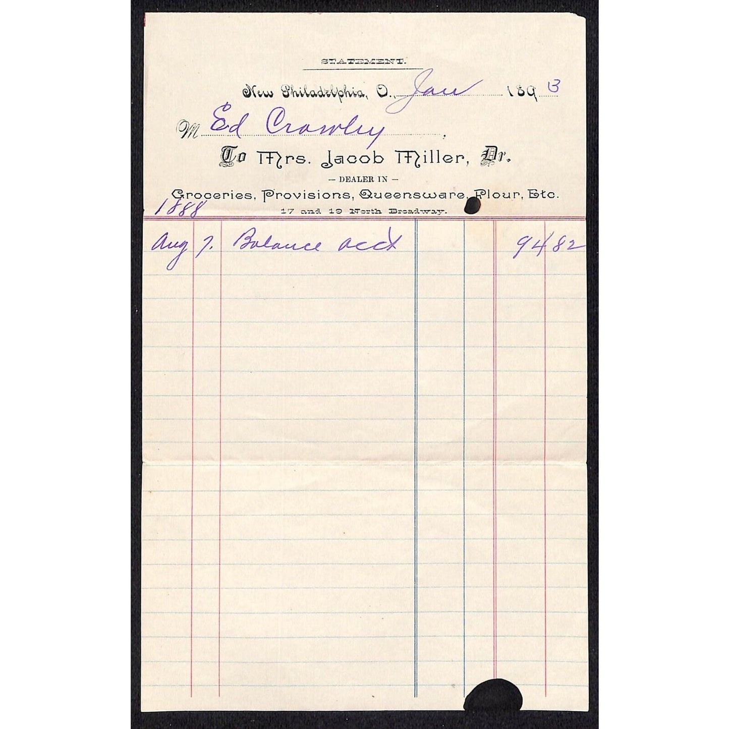 Jacob Miller Groceries New Philadelphia 1893 Billhead / Statement (#3) VGC