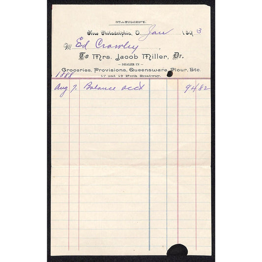 Jacob Miller Groceries New Philadelphia 1893 Billhead / Statement (#3) VGC