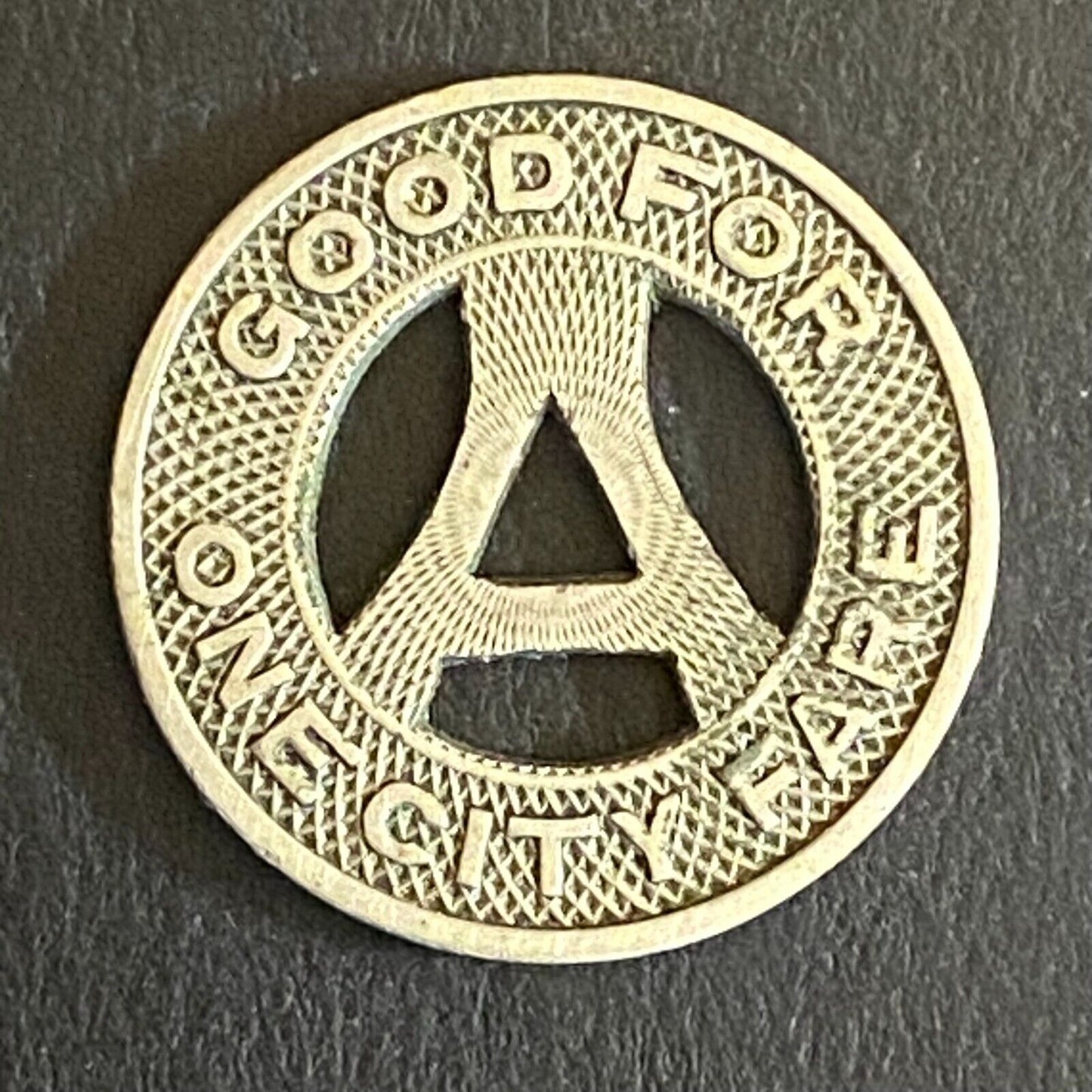 C.C.C. Inc. Alton, IL G/F One City Fare Transit Token 13mm Hanging "A" VGC