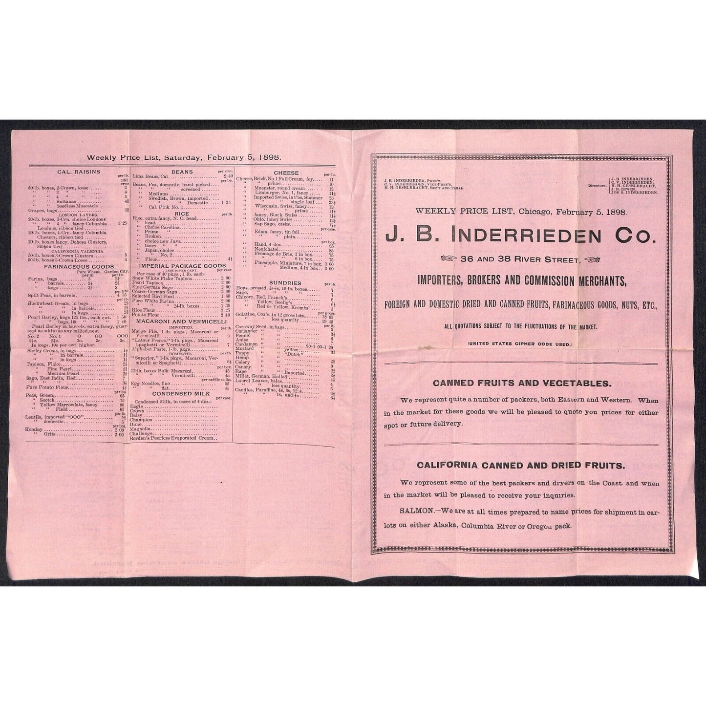 J.B. Inderrieden Co. Chicago Whlse. Fruits Nuts 1898 Weekly Price Sheet Scarce