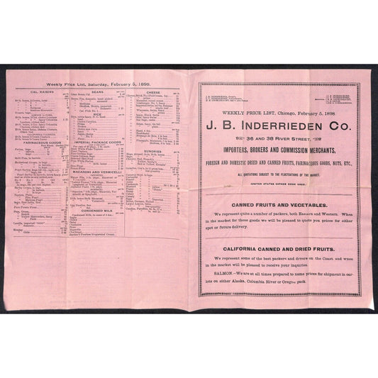 J.B. Inderrieden Co. Chicago Whlse. Fruits Nuts 1898 Weekly Price Sheet Scarce