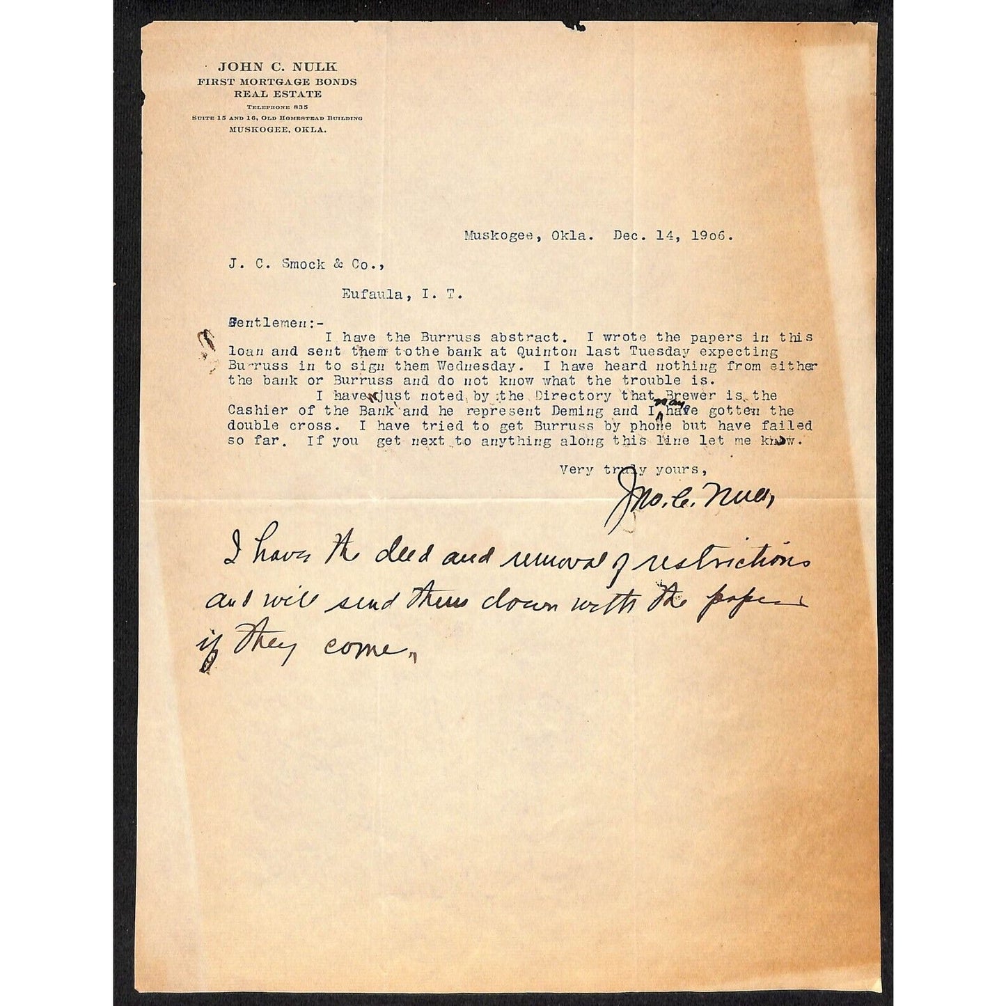 1906 John C. Nulk Mortgage / Real Estate I.T. Muskogee, OK TLS Letterhead