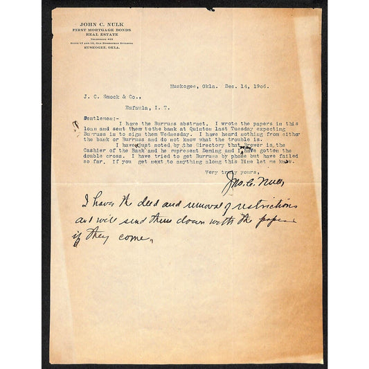 1906 John C. Nulk Mortgage / Real Estate I.T. Muskogee, OK TLS Letterhead
