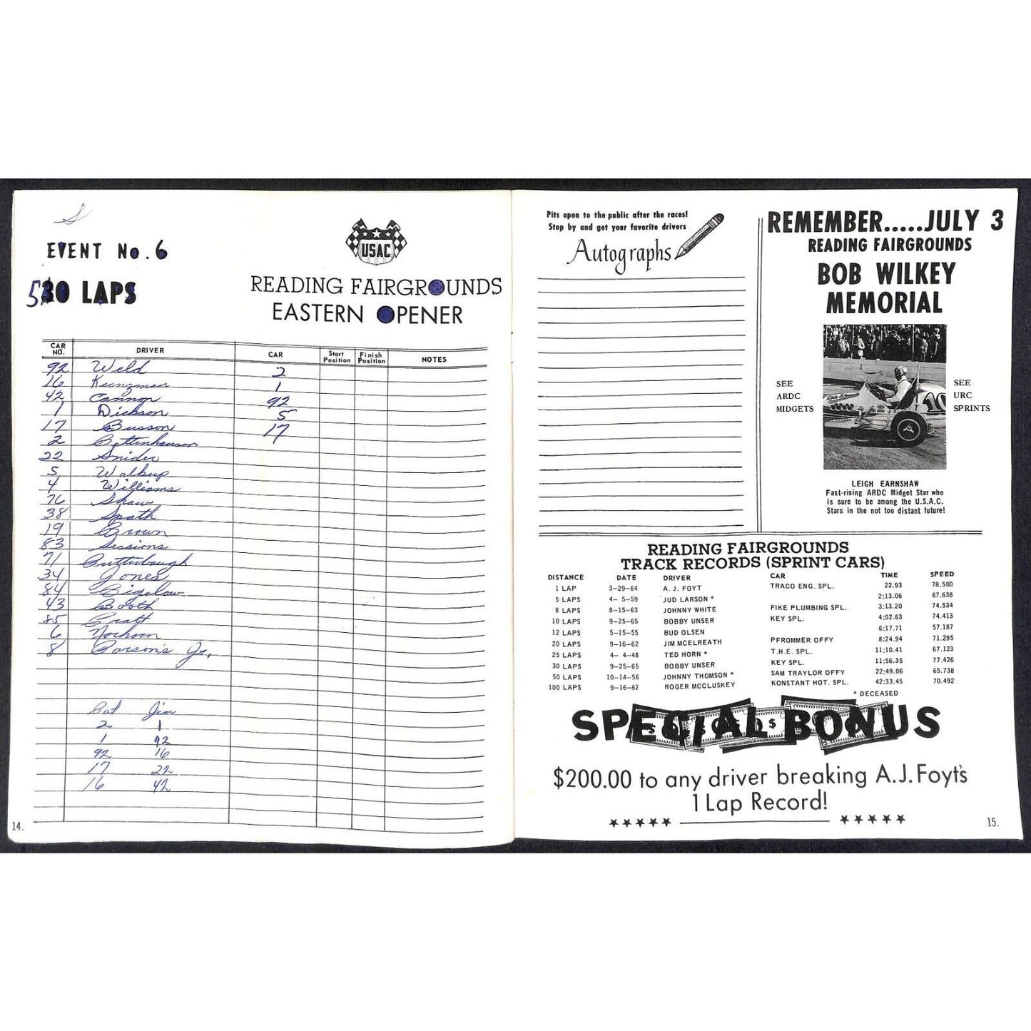 Reading Fairgrounds 1969 USAC Auto Races Program Sprint Car 12pp* Scarce