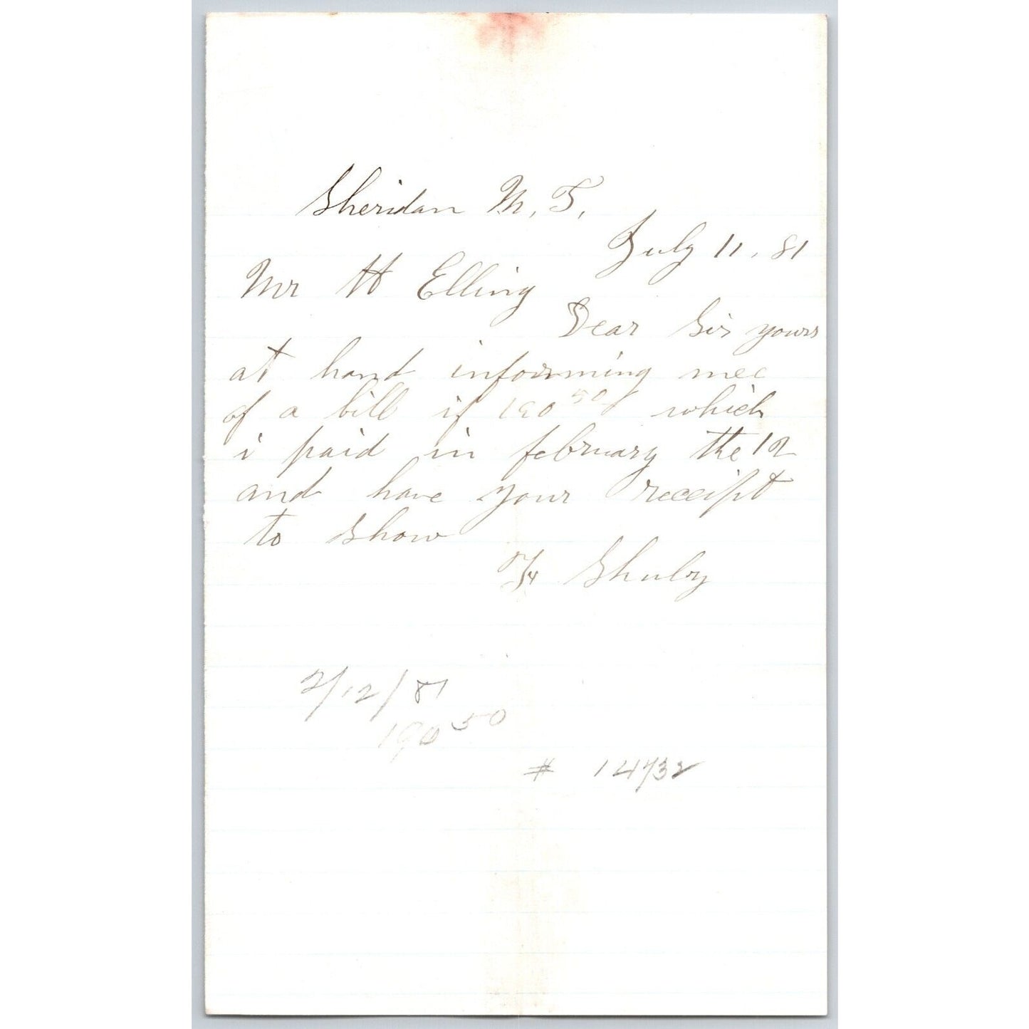 1881 ?? Shultz Sheridan, MT ALS to Henry Elling* re: $190.50 Payment