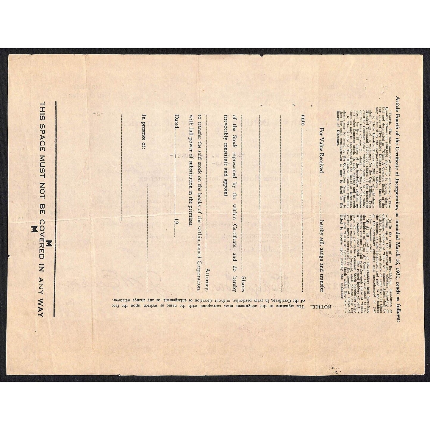 Mavis Bottling Co. of America - Pepsi* 1931 Stock Certificate Belle M. Crowhurst