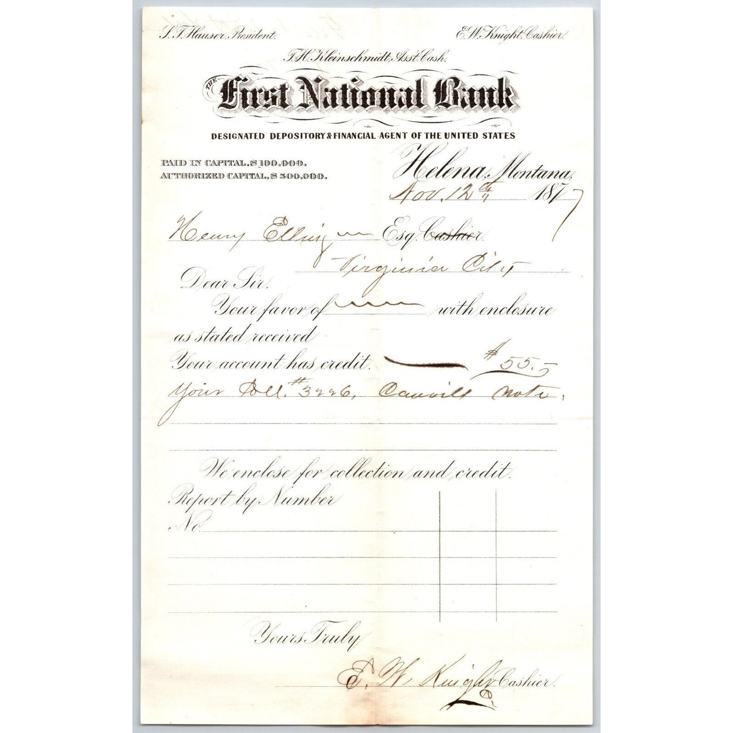 First National Bank Helena, MT 11/12 1877 Payment Advice Henry Elling*