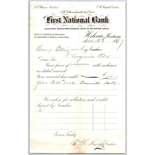 First National Bank Helena, MT 11/12 1877 Payment Advice Henry Elling*