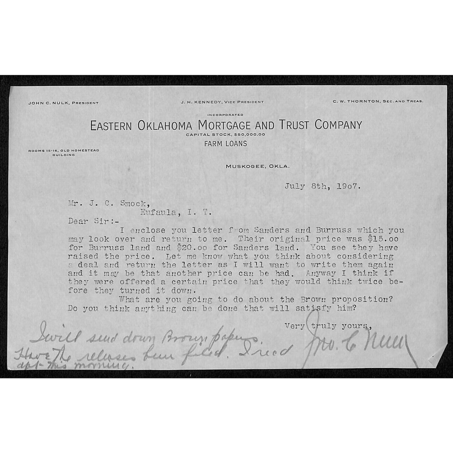 1907 Eastern Oklahoma Mortgage and Trust Territorial Muskogee, OK Letterhead