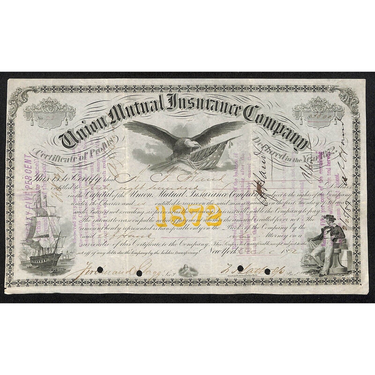 Union Mutual Insurance NY 1872 "Certificate of Profits" to A. T. Hurd ?